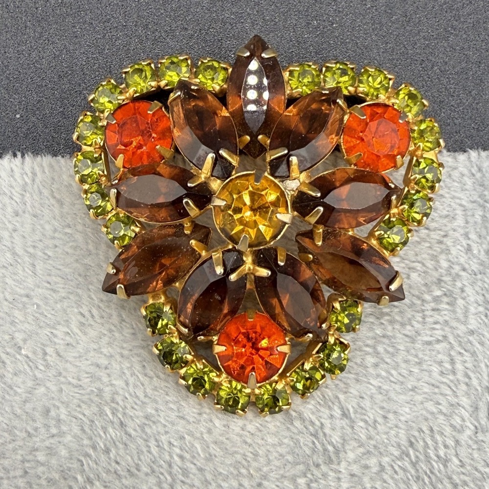 Vintage Rhinestone Brooch Orange Green Gold Tone Fall Autumn Clear Bright Stones